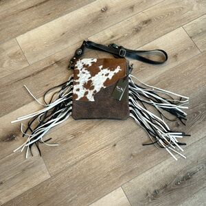 NWT  Leather cowhide Fringed Concealed-Carry Bag In Brown & White